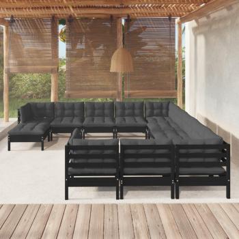 Sofá de jardín 12 piezas con cojines de madera de pino negro