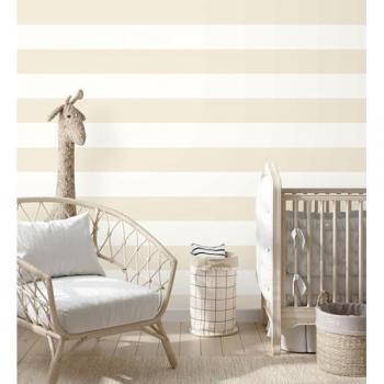 Papel Pintado Infantil Vinílico Rayas Horizontales Beige y Blancas - Rollo 10 m x 0,53 m