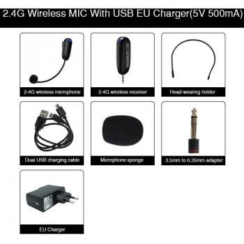 Sistema de Micrófono Inalámbrico Mini 2.4G con Auriculares, Micrófono de Megáfono para Ordenador y Altavoz, Ideal para Enseñanza y Guías Turísticas
