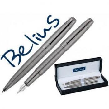 BELIUS BB164 Juego Bolígrafo Y Pluma Goreme Cromado con Adornos Mate En Estuche Negro