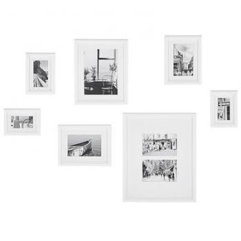 Set de 7 Fotos Enmarcadas Blancas Modernas con Paspartú y Ganchos para Decoración de Pared