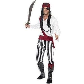 Smiffy'S 25783L Disfraz De Hombre Pirata Con Camisa, Pantalones, Banda Para El Pelo Y Cinturón, Negro / Blanco, L - Tamaño 42-44