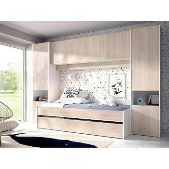 Cama Nido con Puente SELENA - 90 x 190 cm - Color Roble y Blanco + Colchón