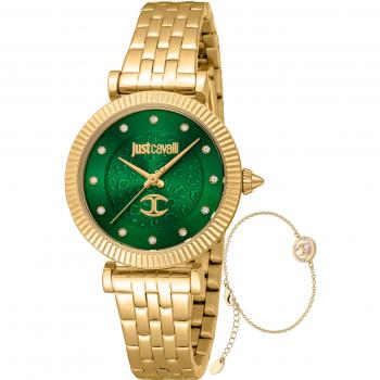 Reloj de Pulsera Analógico Just Cavalli para Mujer con Correa de Acero Inoxidable Color Oro Amarillo y Dial Verde Botella - Modelo JC1L266M0035