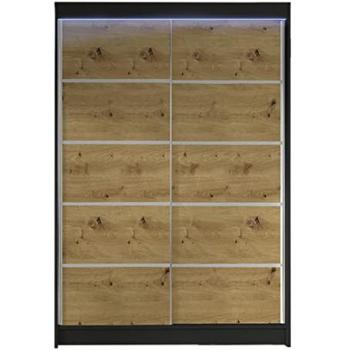 Armario Corredero Atlanta 150, Negro y Roble Artisan, 200x120x58cm, con LED y 5 Estantes