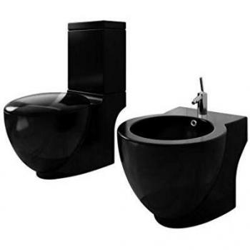 vidaXL Set de Inodoro y Bidé Suelo Pie Cerámica Negro Váter WC Retrete Bidet