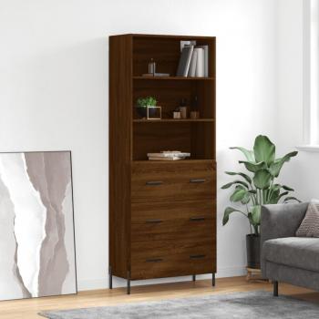 Aparador alto de madera contrachapada marrón roble 69,5x34x180 cm con 3 cajones, mueble de almacenaje para salón, buffet, armario auxiliar y armario de almacenamiento