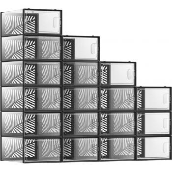 Set de 18 cajas para zapatos transparentes, organizadores plegables y apilables, hasta talla 44, ideal para zapatillas y tacones, disponible en transparente con negro o blanco