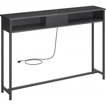 Mesa de Consola Delgada con Multienchufe y Carga Oculta, 2 Compartimentos, Ahorro de Espacio, 25 x 120 x 81 cm, Gris Ahumado y Negro Tinta/Marrón