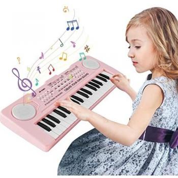 Teclado Piano Niños 37 Teclas Organo Electrónico Infantil Música Portátil con Micrófono Mini Enseñanza Teclado Digital Juguete Educativo para Niña Pequeños Chico Principiantes，Rosa Claro