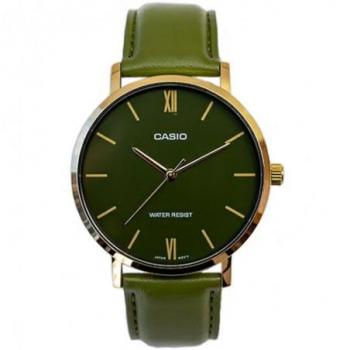 Casio MTP-VT01GL-3B Men's Quartz Analog Watch with Gold Case and Green Leather Band