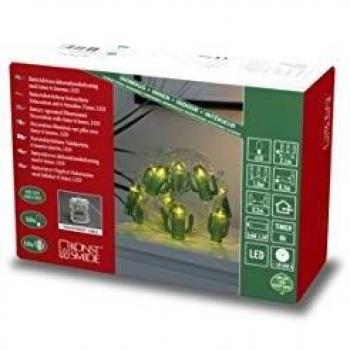 Cadena de luces LED Cactus, 10 diodos blanco cálido, a pilas, temporizador de 6 horas