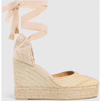 Castañer - Alpargata de cuña Carina en rayón beige con cierre de cintas, hecha a mano, altura de cuña 11 cm