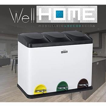 Wellhome Cubo de Reciclaje 45 l, 3 Compartimentos, Reciclaje de Basura/Cubos de Reciclaje, para Papel, Vidrio y Plástico, Óptimo para Hogar, Oficina, Interior, Exterior, Blanco