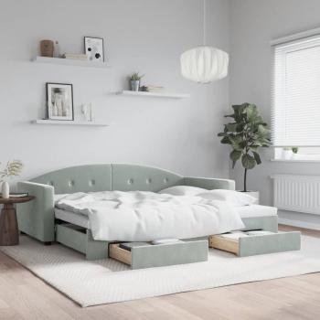 Sofá cama nido extraíble con cajones de terciopelo gris claro 90x200 cm