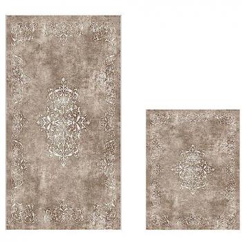 Set de Alfombras de Baño Antideslizantes Beige y Blanco - 2 Piezas Fáciles de Limpiar