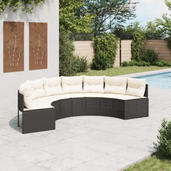 Sofá de jardín semicircular con almohadas de Polyrattan negro
