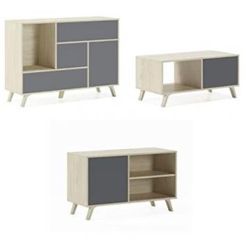 Conjunto de Muebles para Salón Comedor Wind - Buffet, Mueble TV100 y Mesa de Centro en Melamina Bi-Color Roble y Gris