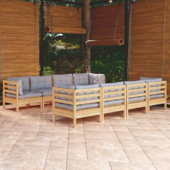 vidaXL 9-Piece Solid Pinewood Garden Lounge Set with Gray Cushions