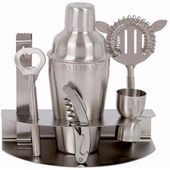 Bar Set & Cocktail Shaker Set by Bar Brat / 7 Piece Stainless Steel Drink Martini Shaker / Bonus Jigger & 110 Cocktail Recipes