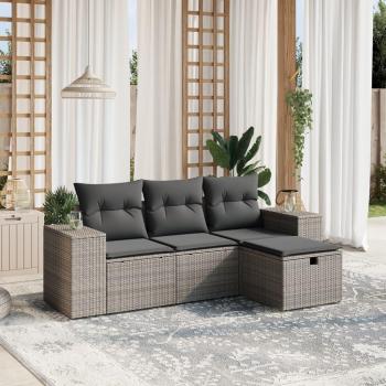 4-Piece Grey Poly Rattan Garden Sofa Set with Cushions
