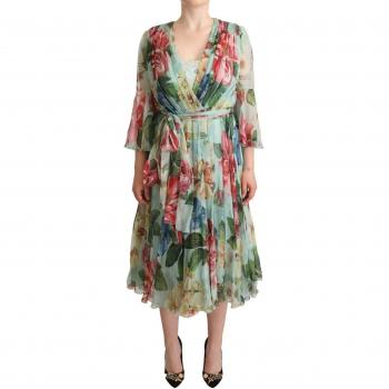 Dolce & Gabbana Green Floral Long Sleeves V-neck Midi Dress - IT40|S, Size: XS, Silk