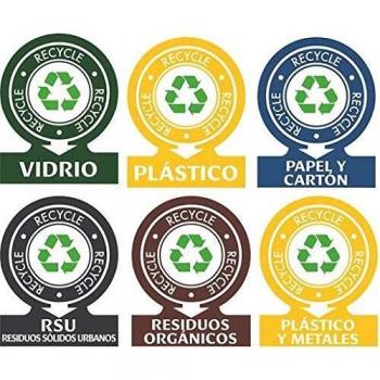 Tico Etiqueta para Reciclaje Basura. Pegatinas para la gestión de residuos. Surtido de 6 etiquetas