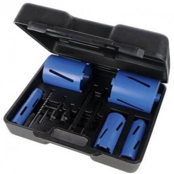 Juego de 5 coronas perforadoras diamantadas Silverline 868616 y accesorios, 11 piezas, diámetros de 38 mm, 52 mm, 65 mm, 117 mm y 127 mm