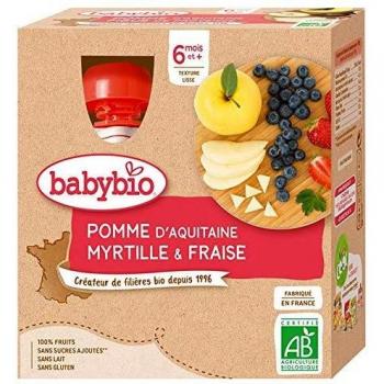 Babybio Mes Fruits Gourdes Pomme Myrtille Fraise dès 6 Mois 4 x 90g Bio