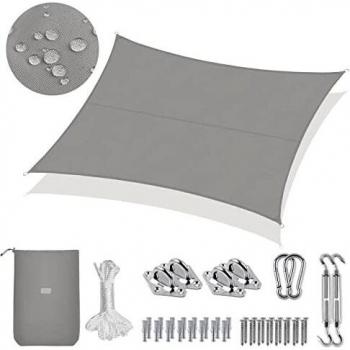 Sekey Toldo Vela de Sombra Impermeable 3x5m Rectangular con Cuerda y Kit de Montaje Protección Rayos UV, Resistente al Desgarro, para Terraza Balcon Patio Exteriores Jardín, Gris Claro