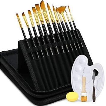 13 Set de Pinceles,LandJoy Profesionales Artist Brush de Pintura de Nilón de Manija de Madera de Pintura al óleo de Acuarela Acrílica con Espátula,Esponjas,Pinceles,Paleta de Color