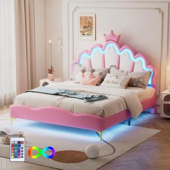 Cama Multifuncional 140x200 cm con Tira de Luces LED, Cuero PU, Rosa