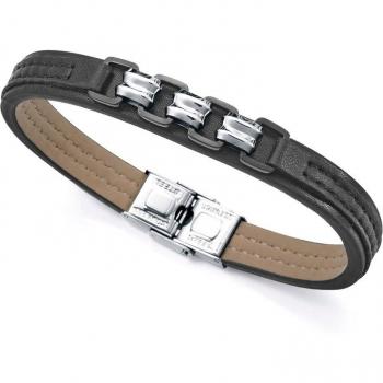 Pulsera de hombre Viceroy Magnum de piel negra con cadena bicolor en acero e Ip negro