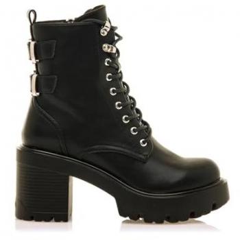 Botines de Tacón para Mujer Mustang 59461 - Negros, Acordonados con Hebillas y Cremallera, Estilo Motero