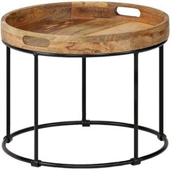 Rounded Coffee Table Solid Mango Wood and Steel Frame