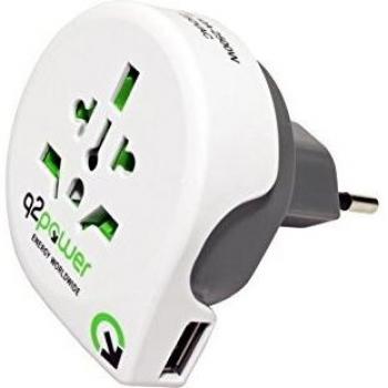 Q2 Power Q21100210 - Adaptador de Viaje de Mundo al Suiza USB, Color Blanco y Gris