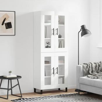 Aparador alto de madera contrachapada blanco 69,5x34x180 cm con 2 puertas de cristal, mueble de almacenaje para salón, buffet y armario auxiliar