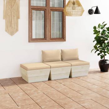 Sofás de jardín en palet 3 PC con cojines de madera de abeto Beige
