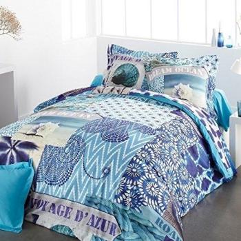 Tradition des vosges-Juego de cama sábana bajera, color azul, algodón, 3pieces 270x310