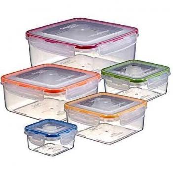 Set de 5 Contenedores Cuadrados Apilables LocknLock con Sellos Colores - Herméticos y Aislantes