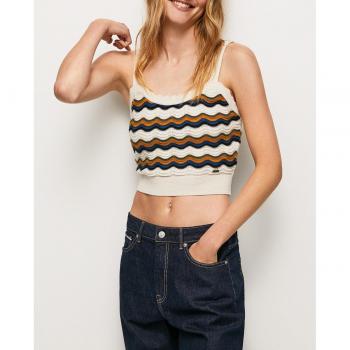 Top de Punto Multicolor con Detalles Calados y Escote con Ondas para Mujer