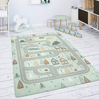 Alfombra Infantil Redonda Chicos 550, 120 cm, Juego de Carretera, Diseño de Oso y Alce, Color Verde y Gris, Altura 2 mm