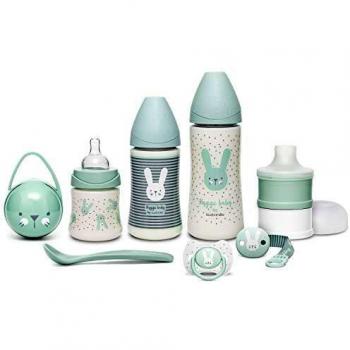 Suavinex Set Premium Regalo Recién Nacido con Biberón 150ml, Biberón 270ml y Biberón 360ml, Dosificador de leche, Chupete fisiológico desde 0 hasta 6 meses, Portachupetes, Broche y Cuchara,Color Verde