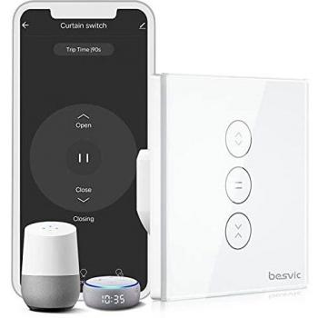 Besvic Interruptor Persiana WiFi, Interruptor Táctil Inteligente con Temporizador, Compatible con Alexa y Google Home, Control por Voz y APP, para Motor Persiana Tubular【Táctil LED del Cristal】