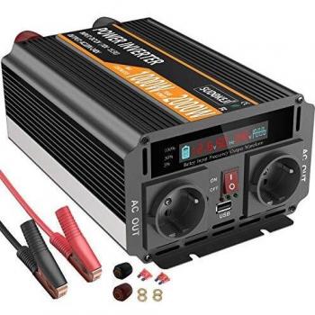 SUDOKEJI 1000W Inversor de Corriente Potencia Máxima 2000 W Onda Sinusoidal Modificada DC 12V a AC 220V-240V,con Pantalla LCD,Puerto USB,2 AC Tomas,Dos Ventiladores de Refrigeracióninversor Potencia