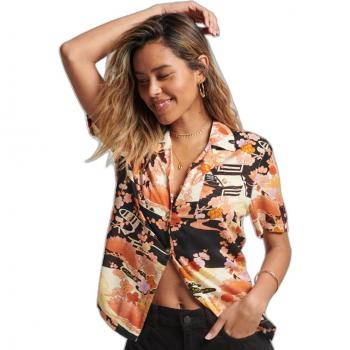 Camisa de mujer Superdry Vintage Beach Resort dorada, talla XS, casual, manga corta, con logotipo