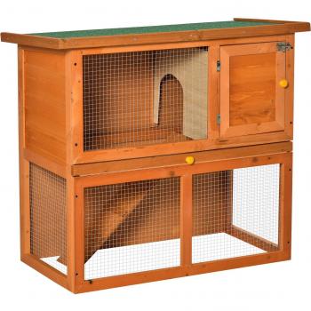 PawHut Conejera de Madera 90x45x80 cm con Corral de Metal, Techo Asfáltico y Rampa Natural - Jaula para Conejos y Casa para Animales Pequeños