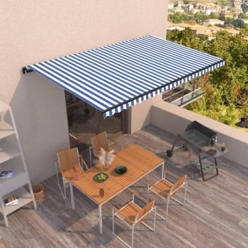 Toldo automático retráctil azul y blanco 500x350 cm, resistente al agua y rayos UV, ideal para balcón, jardín y terraza