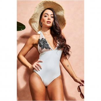 Goddiva Halter Neck Floral Embroidered Swimsuit - White - Size Medium