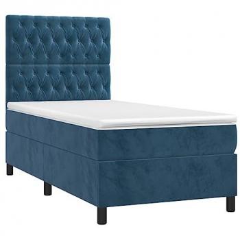 Cama box spring con colchón terciopelo azul oscuro 100x200 cm, viscoelástico, espuma, protector, muelles ensacados, adaptable, acolchado reversible